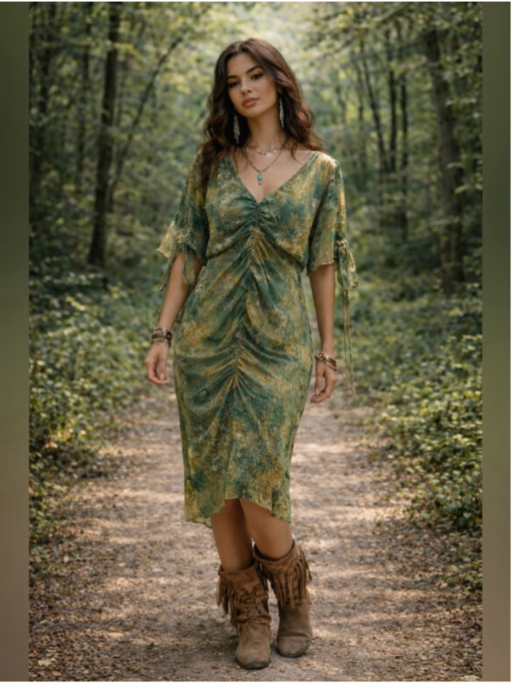 Green Ruched V-Neck Midi Dress